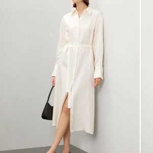 Women 100% Silk Cream Long Sleeve Button-Down dress